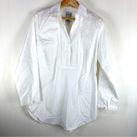 Chico's: Longline Pin Tuck Popover Collared Shirt Blouse Cottage White Size 1 - Picture 1 of 5